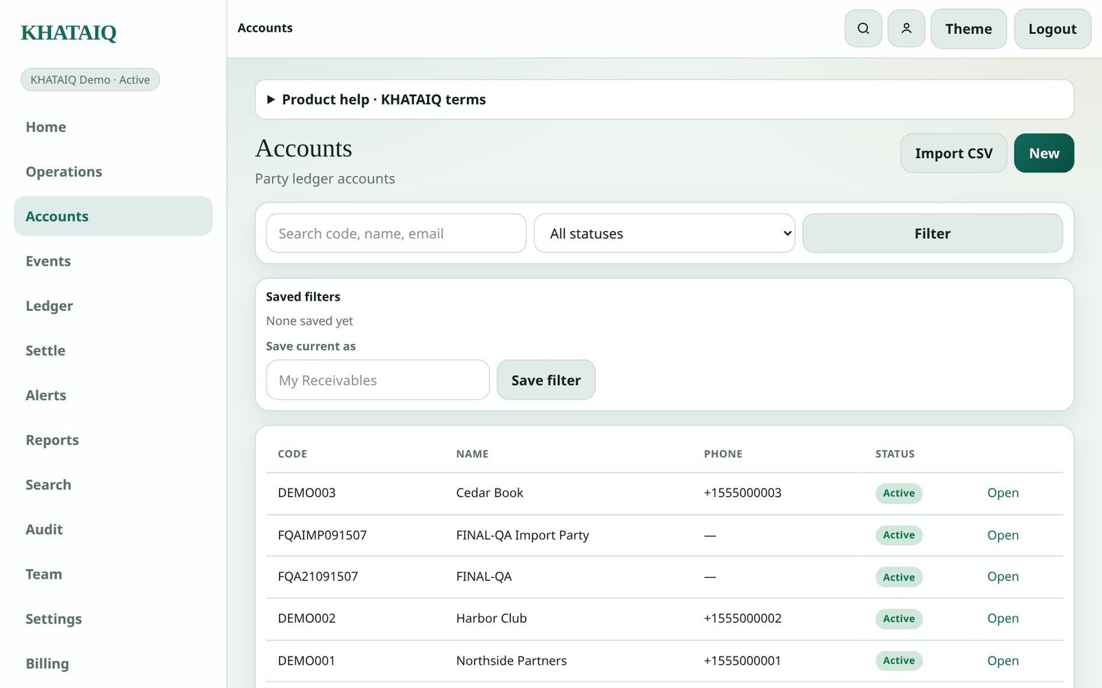 KHATAIQ accounts list with party codes, balances and status