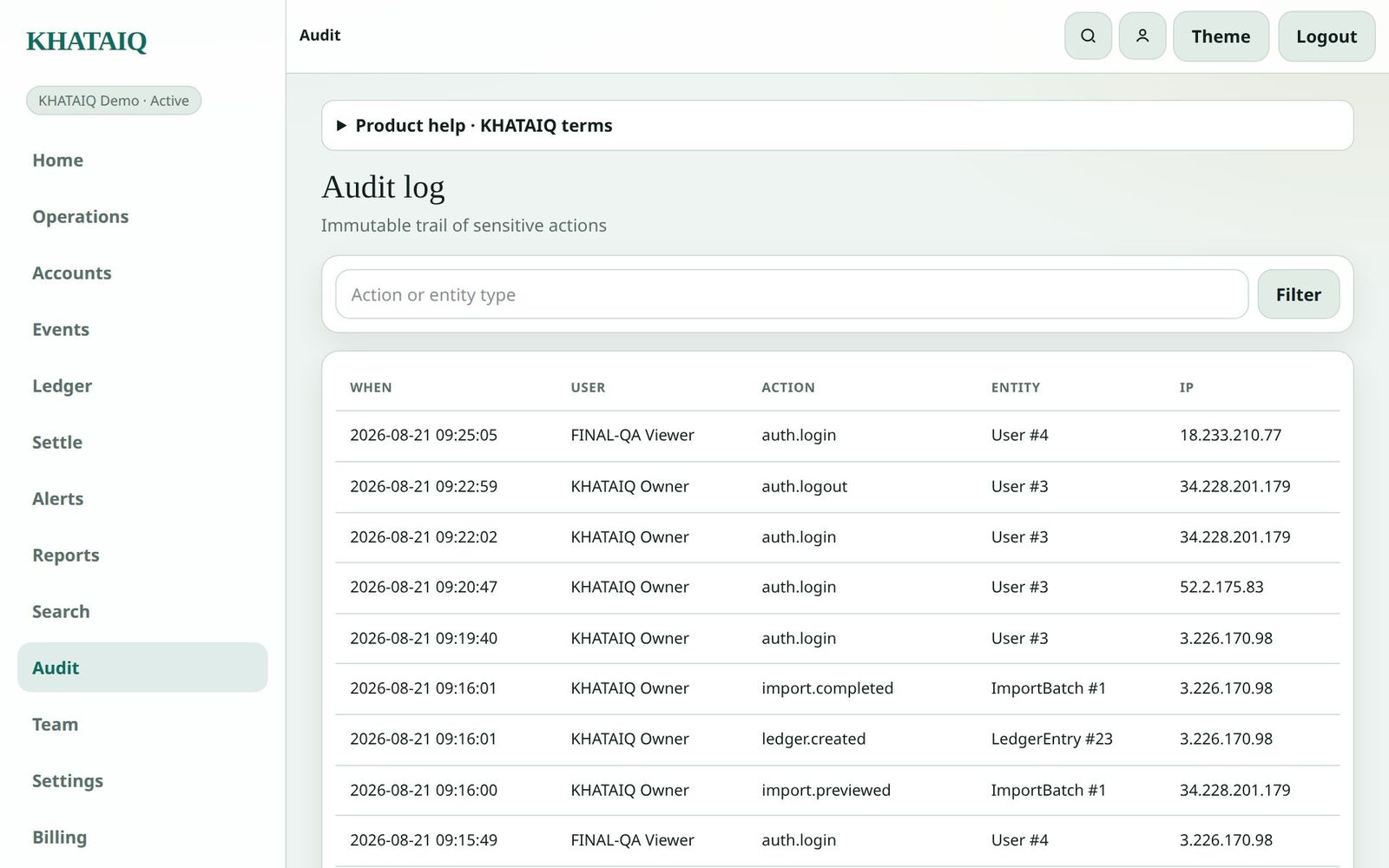 KHATAIQ audit trail listing recent financial and operational actions