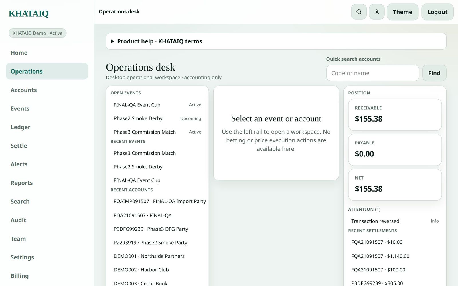 KHATAIQ Operations Desk with account and event focus panels