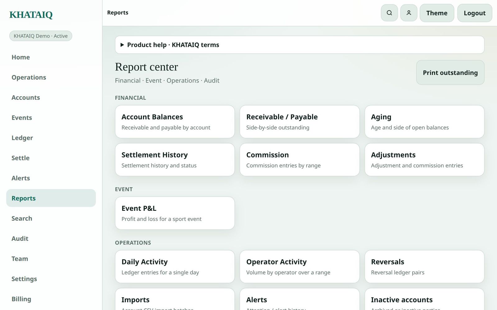 KHATAIQ reports index with balance, aging and settlement report links