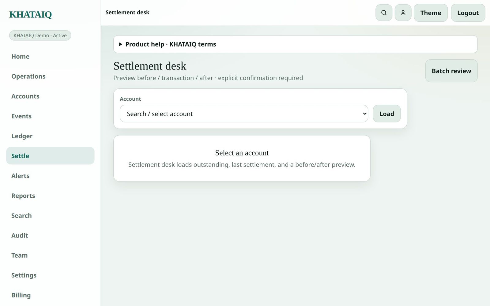 KHATAIQ Settlement Desk previewing before and after balances